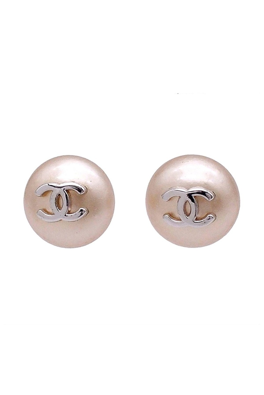 Chanel Stud Earrings Silver Costume Pearl Metal CC Logo O0t